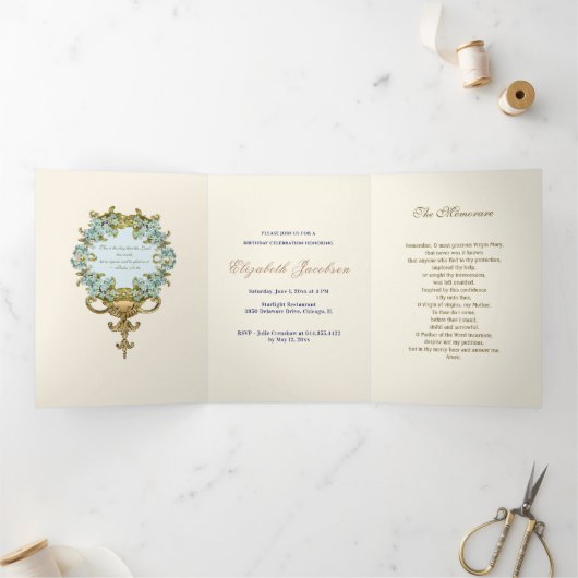 宗教的誕生日ヴァージンメアリーブルーフローラ 三つ折り招待状 (内部)