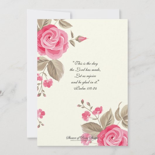 宗教的誕生日ヴァージンメアリー聖なる書物、 経典ピンクローズ 招待状 (裏面)