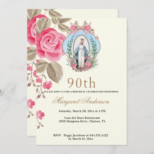 宗教的誕生日ヴァージンメアリー聖なる書物、 経典ピンクローズ 招待状 (正面/裏面)