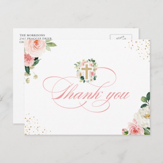 宗教的金ゴールドクロス赤面ピンクフローラありがとう ポストカード (正面/裏面)