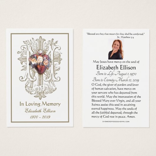 宗教的金ゴールドマリアンクロスハート葬儀祈りの言葉 (正面&裏面)