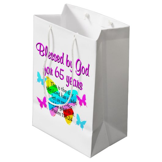 宗教的65番目の誕生日蝶デザイン ミディアムペーパーバッグ (裏面アングル)