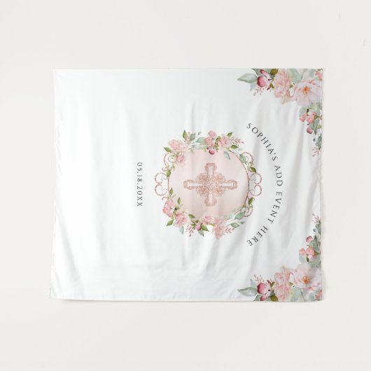 宗教的、ほんのりとした、ピーチローズゴールドの写真用背景 タペストリー (正面(横))