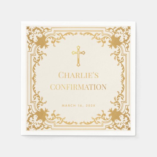 宗教確認ヴィンテージアイボリー&金ゴールドクロス スタンダードカクテルナプキン (正面)