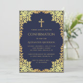 宗教確認 ネイビーブルー ゴールドの葉の少年 招待状 (スタンド正面)