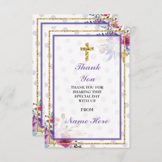 宗教神聖な十字の花の洗礼カードありがとう サンキューカード (正面/裏面)
