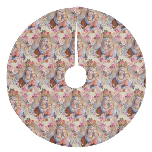 宗教聖母マリアのベビーのイエス・キリストの賛美された花柄 フリース ツリースカート (正面)