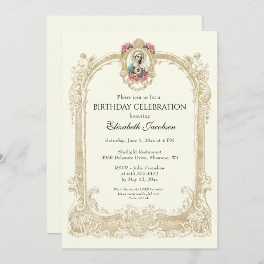 宗教誕生日エレガント金ゴールドフローラ 招待状 (正面/裏面)