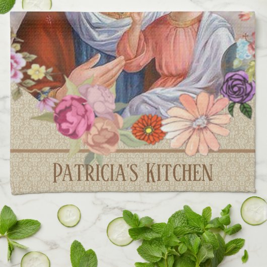 宗教賛美された聖母マリアイエス・キリストのバラの花柄 キッチンタオル (折り畳み)