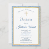 宗教青グリッター金ゴールドクロスボーイ洗礼 招待状 (正面)