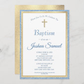 宗教青グリッター金ゴールドクロスボーイ洗礼 招待状 (正面/裏面)