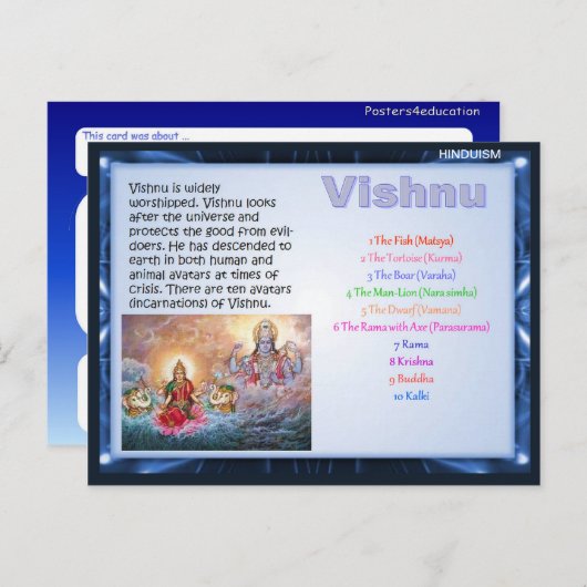 宗教、ヒンズー教の神々、ヴィシュヌ ポストカード (正面/裏面)