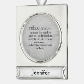 定リラックス義ストレスおもしろい引用文名前をカスタムする シルバープレートバナーオーナメント (左)