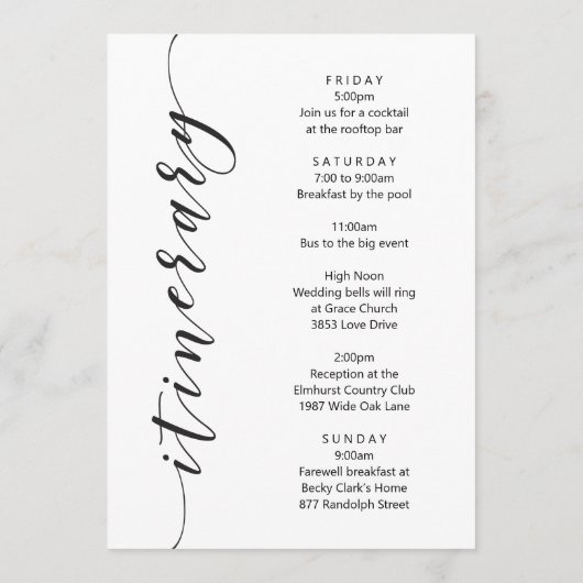 定型化された孔雀ウェルカムレター&旅程カード プログラム (裏面)