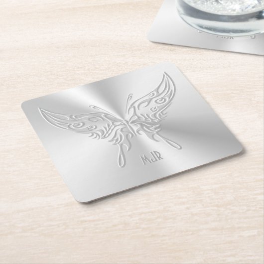 定型化バタフライラウンドテール、エンボス効果 スクエアペーパーコースター (アングル)