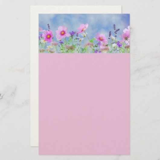 定常のピンクとブルーのフローラトリミングされた文章 便箋 (正面/裏面)