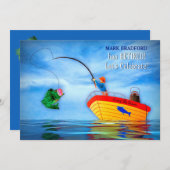 定年お祝いに乗る魚釣り 招待状 (正面/裏面)