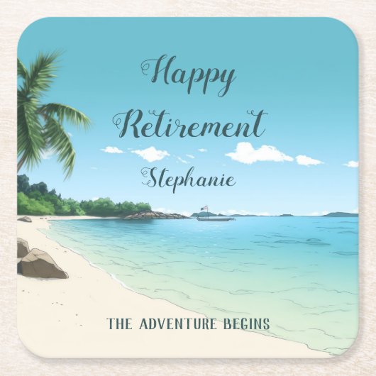 定年パーティー熱帯ビーチヤシの木 スクエアペーパーコースター (正面)