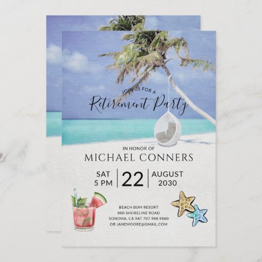 定年パーティー熱帯ビーチ 招待状 (正面/裏面)