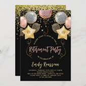 定年パーティー ゴールド コンフェッティ 風船 黒 招待状 (正面/裏面)