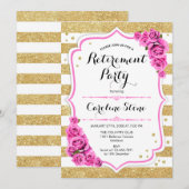 定年パーティー - ゴールド ホワイト ストライプ ピンクのバラ 招待状 (正面/裏面)