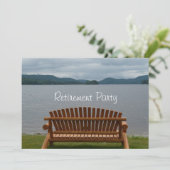 定年パーティー-木製ベンチのある湖ビュー 招待状 (スタンド正面)