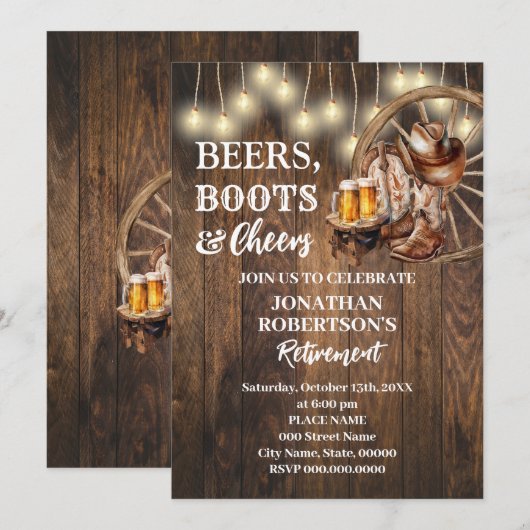 定年祝い ビール ブーツ＆乾杯 ウェスタンパーティー 招待状 (正面/裏面)