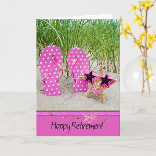 定年退職後のヒトデとフリップフロップ カード (黄色い花)