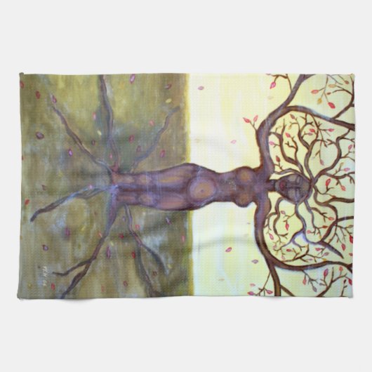 "定着させた"木の女神のファンタジーの芸術 キッチンタオル (横)