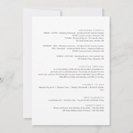 宛先ウェディングウェルカムレターの旅程カード 招待状 (裏面)