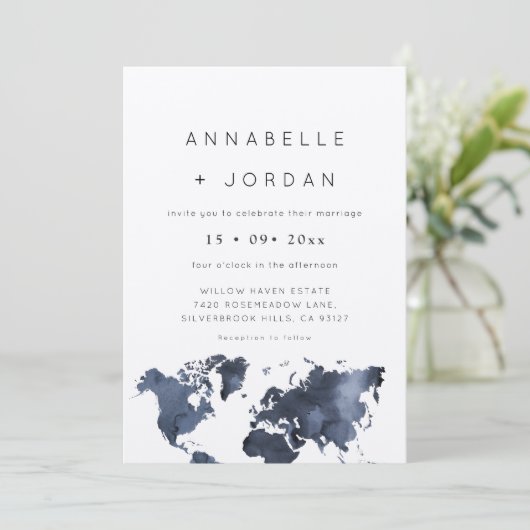 宛先ウェディングネイビーブルーグレーインディゴ 招待状 (スタンド正面)