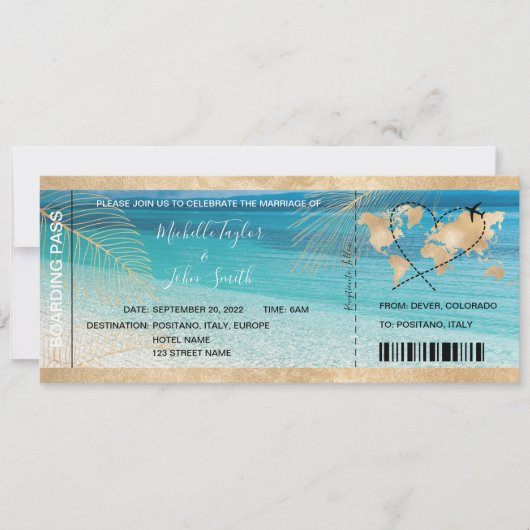 宛先ウェディングボーディングパスハート飛行機アイコン 招待状 (正面)