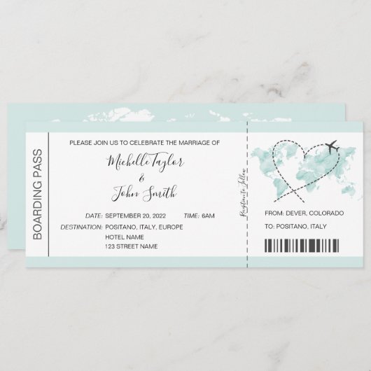 宛先ウェディングボーディングパスハート飛行機アイコン 招待状 (正面/裏面)