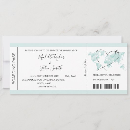 宛先ウェディングボーディングパスハート飛行機アイコン 招待状 (正面)