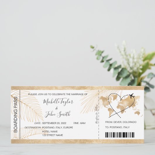 宛先ウェディングボーディングパスハート飛行機アイコン 招待状 (スタンド正面)