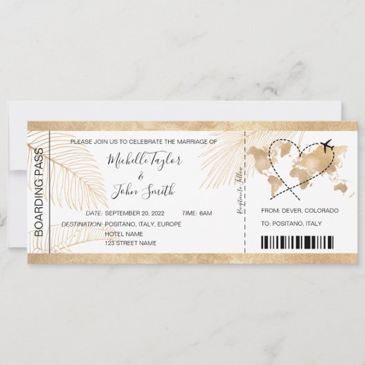 宛先ウェディングボーディングパスハート飛行機アイコン 招待状 (正面)