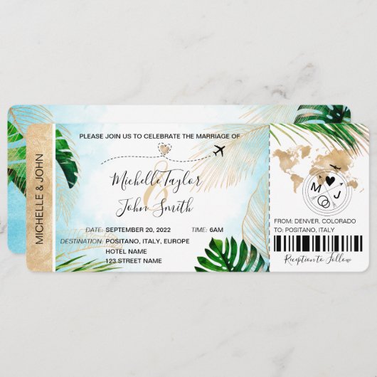 宛先ウェディングボーディングパス飛行機トロピカル 招待状 (正面/裏面)