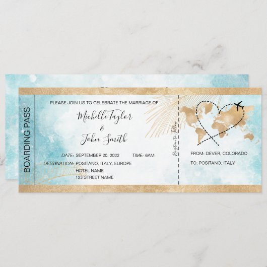 宛先ウェディングボーディングパス飛行機トロピカル 招待状 (正面/裏面)