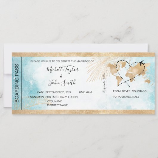 宛先ウェディングボーディングパス飛行機トロピカル 招待状 (正面)