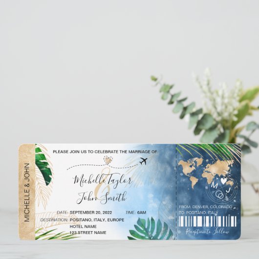 宛先ウェディングボーディングパス飛行機ビーチInv 招待状 (スタンド正面)
