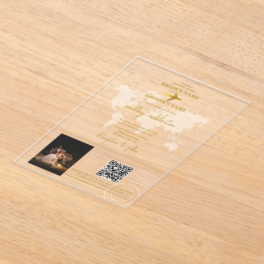 宛先ウェディングワールドパスポート澄ん金ゴールド アクリル招待状 (レイダウン)