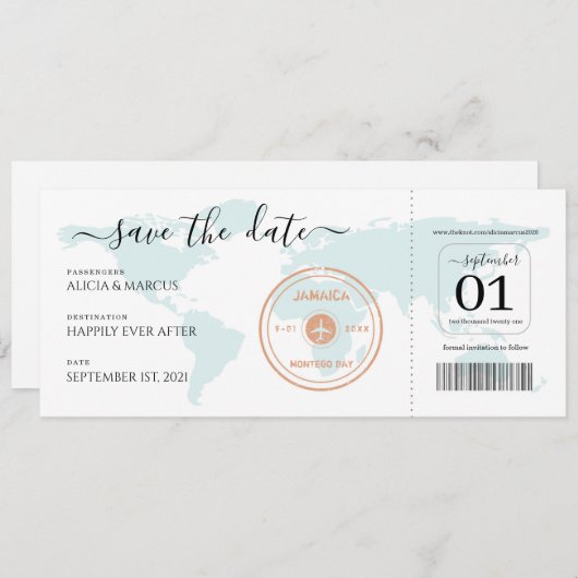 宛先ウェディング飛行機チケット日付の保存 招待状 (正面/裏面)