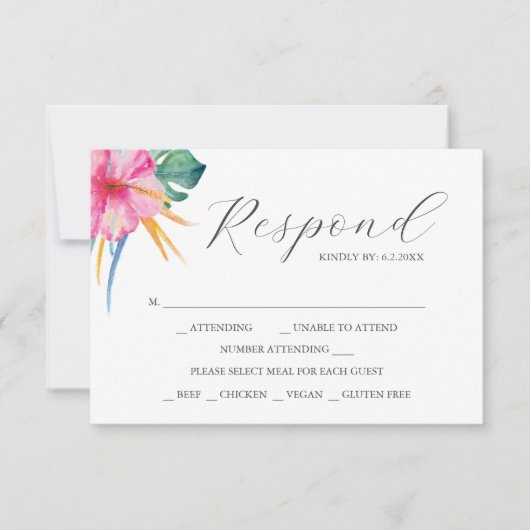 宛先ウェディングRSVPカード鮮やかピンク 出欠カード (正面)