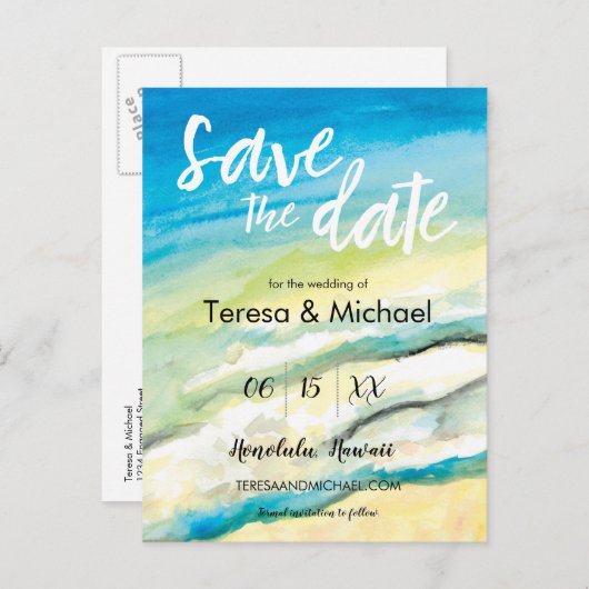 宛先パーソナライズされたウェディングビーチの水色 案内ポストカード (正面/裏面)