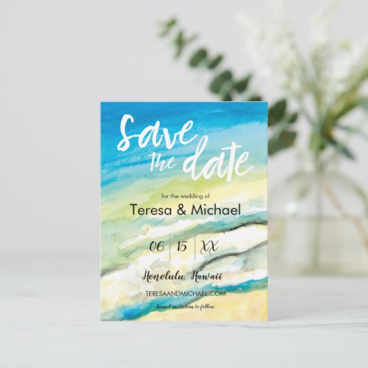 宛先パーソナライズされたウェディングビーチの水色 案内ポストカード (スタンド正面)