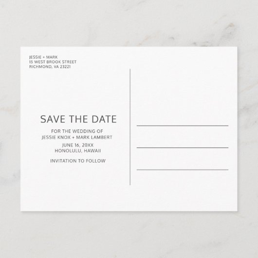 宛先ビーチ結婚式日付の保存 案内ポストカード (裏面)