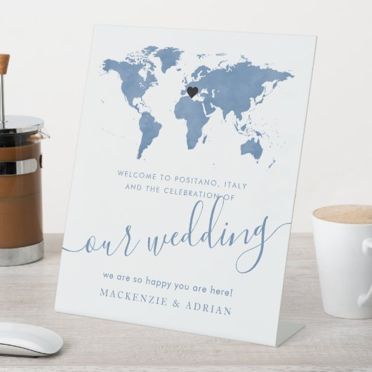 宛先ワールドマップソフトブルーウォーターカラーウェルカム 台座サイン (インサイチュ)