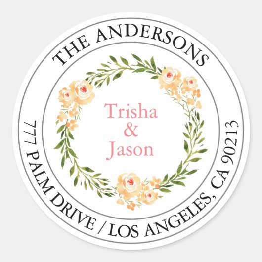 宛先住所ラベル ピンクの花 コーラル/グレー/ブラック ラウンドシール (正面)