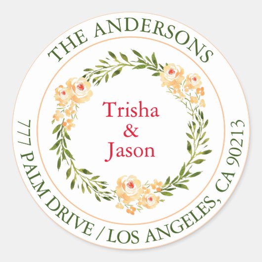 宛先住所ラベル（水彩の桃の花とグリーン/レッドのテキスト） ラウンドシール (正面)