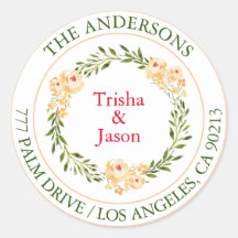 宛先住所ラベル（水彩の桃の花、グリーン/レッドのテキスト付き）